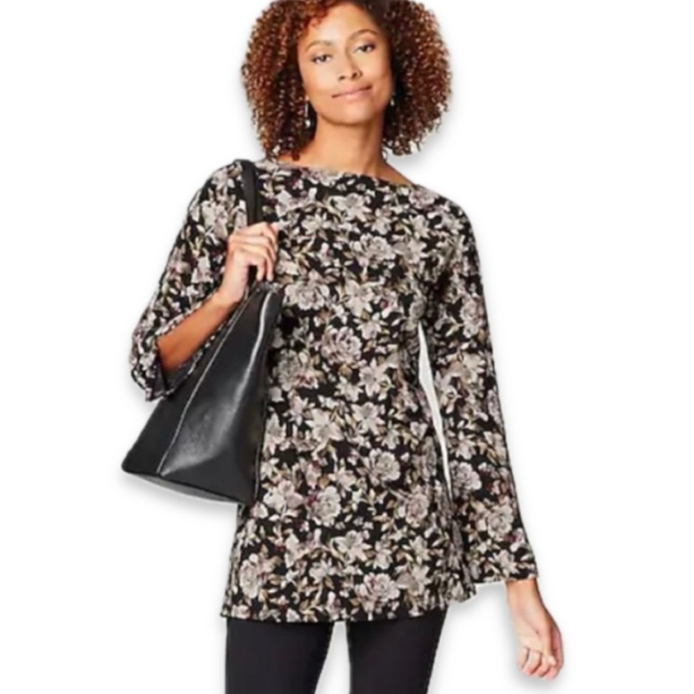 J. Jill Floral Luxe Supima Cotton Split Sleeve Tunic Top Long Sleeve Boat Neck